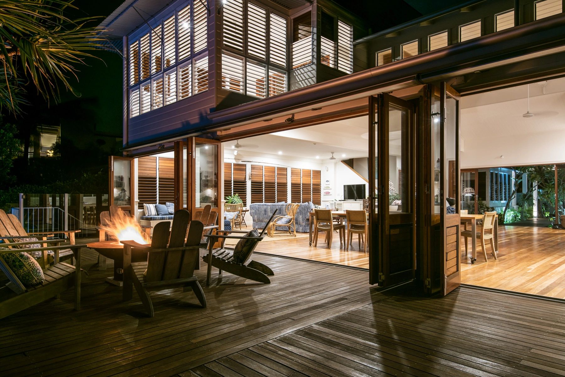 The house at night, doors open